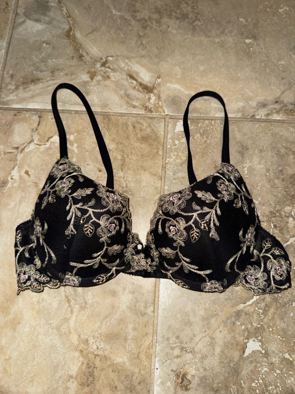 Soma Black Bra with Gold and Pink Floral Embroidery